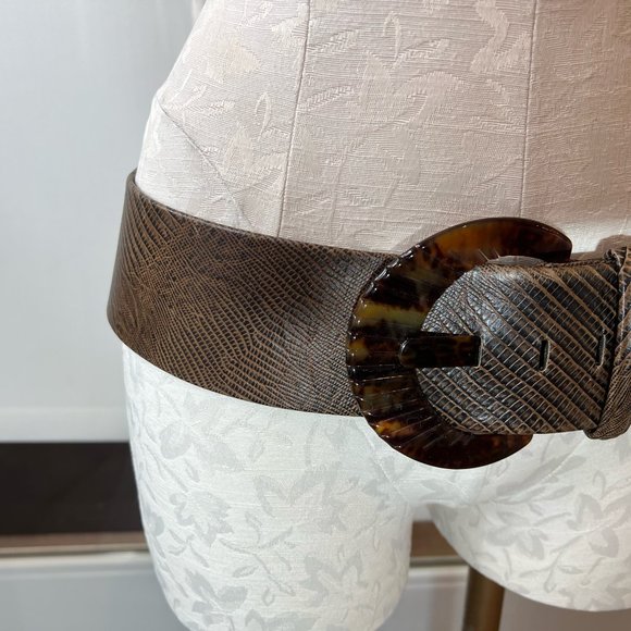 Vintage XL Suzi Roher Brown Embossed Leather Belt with  Faux Tortoise Buckle main image 10